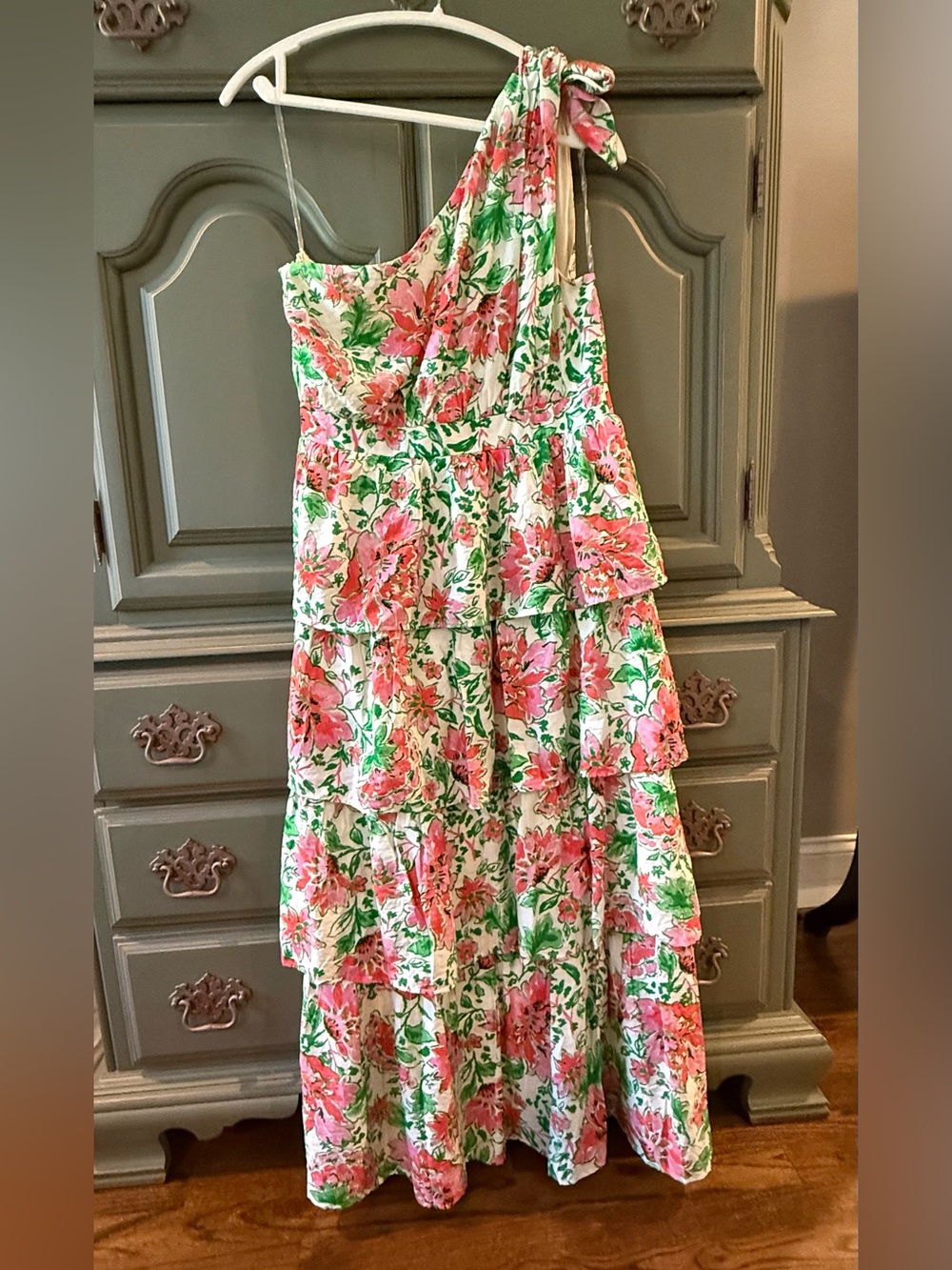 Entro / fab'rik Pink & Green One-Shoulder Tiered Floral Dress
